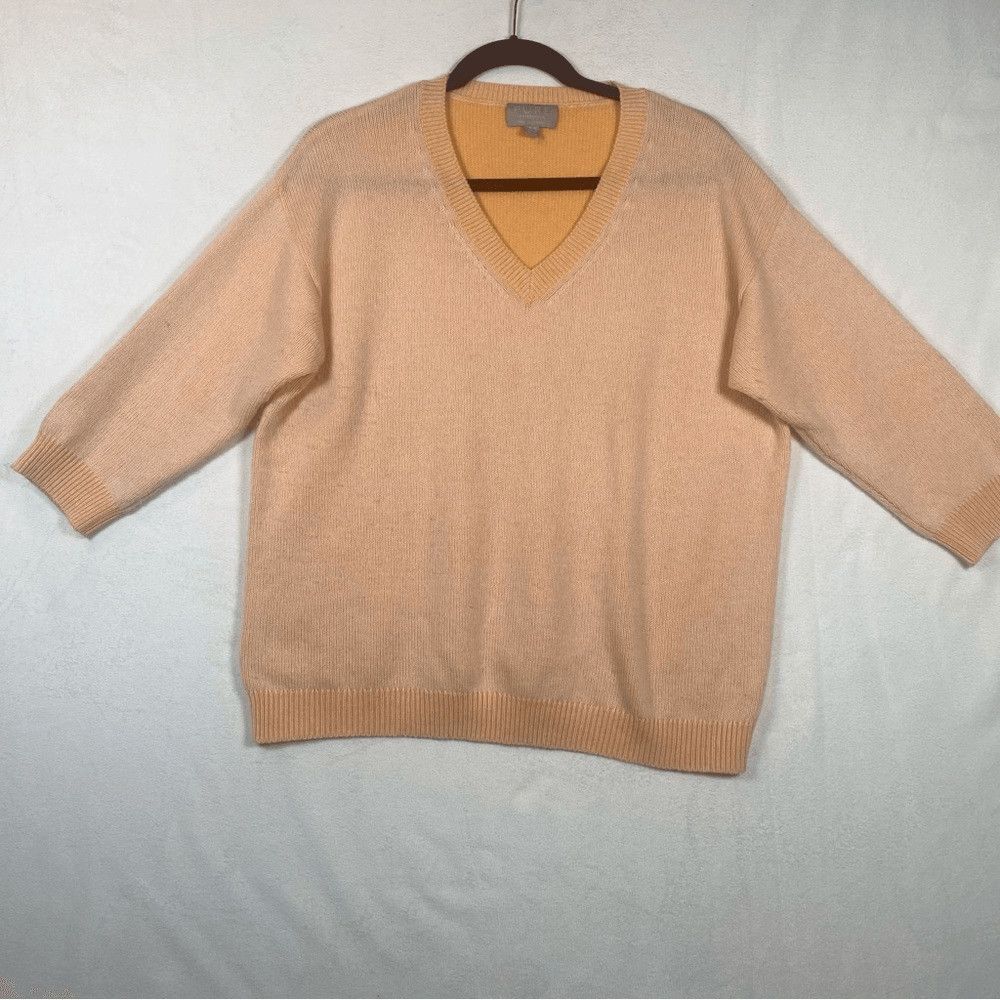 Pure Collection Cashmere Sweater Womens 12 Orange V Neck 3/4 Sleeve 100% Cashmer